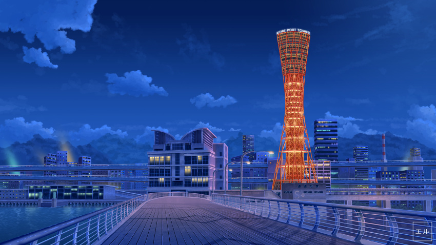 absurdres artist_name building city cityscape cloud commentary_request eru_(erutwd) forest harbor highres kobe kobe_port_tower light mountain nature night night_sky no_humans ocean original outdoors railing scenery sky tower