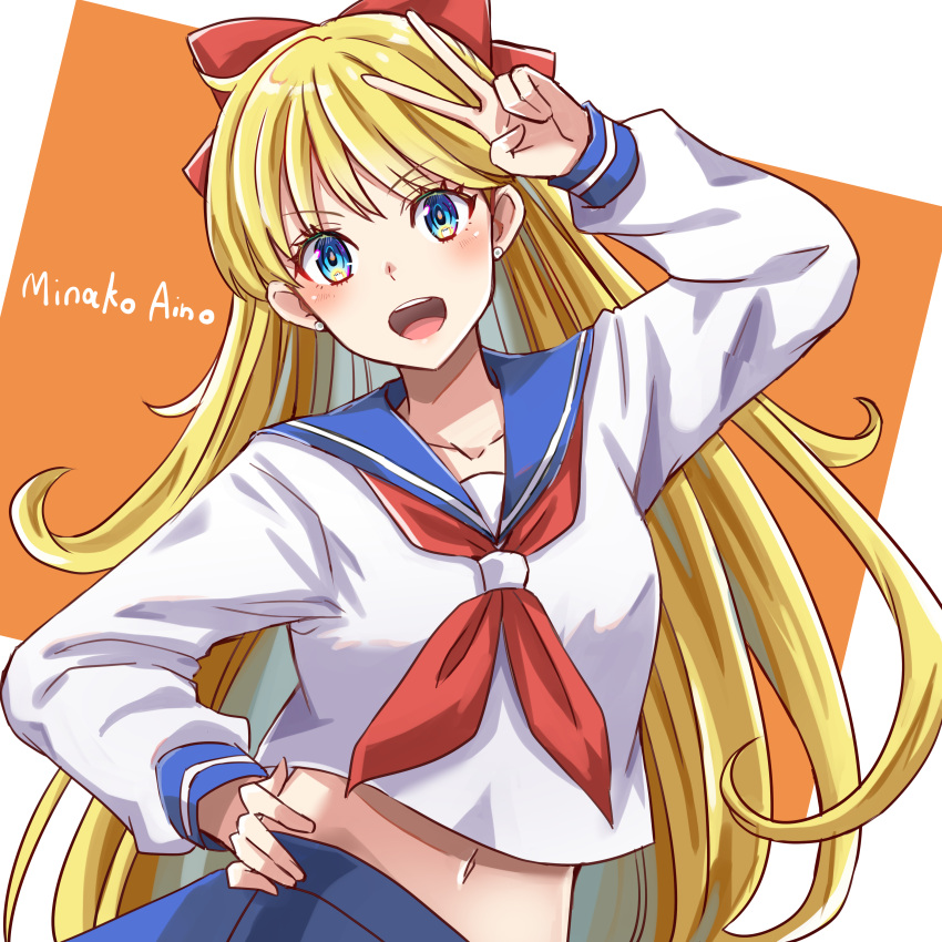 :d absurdres aino_minako bishoujo_senshi_sailor_moon blonde_hair blue_eyes blue_skirt bow chanmarorux character_name collarbone commentary earrings female hair_between_eyes hair_ornament hairbow hand_on_own_hip hand_up highres jewelry juuban_middle_school_uniform long_hair long_sleeves looking_at_viewer midriff multicolored_eyes navel open_mouth red_bow red_ribbon ribbon school_uniform serafuku shirt simple_background skirt smile solo teeth two-tone_background upper_teeth_only v white_shirt