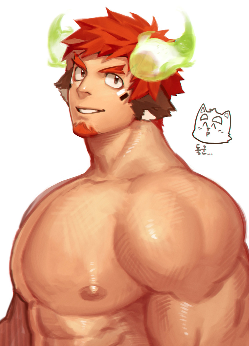 1boy absurdres animal_ears bara brown_eyes brown_hair commentary_request cow_boy cow_ears cow_horns eye_black facial_hair fiery_horns forked_eyebrows glowing_horns goatee highres horns huge_pectorals korean_commentary korean_text looking_at_viewer male_focus muscular muscular_male nipples open_mouth pectorals short_hair simple_background smile solo spiked_hair thick_eyebrows tokyo_afterschool_summoners ttn_(239_239) upper_body wakan_tanka white_background