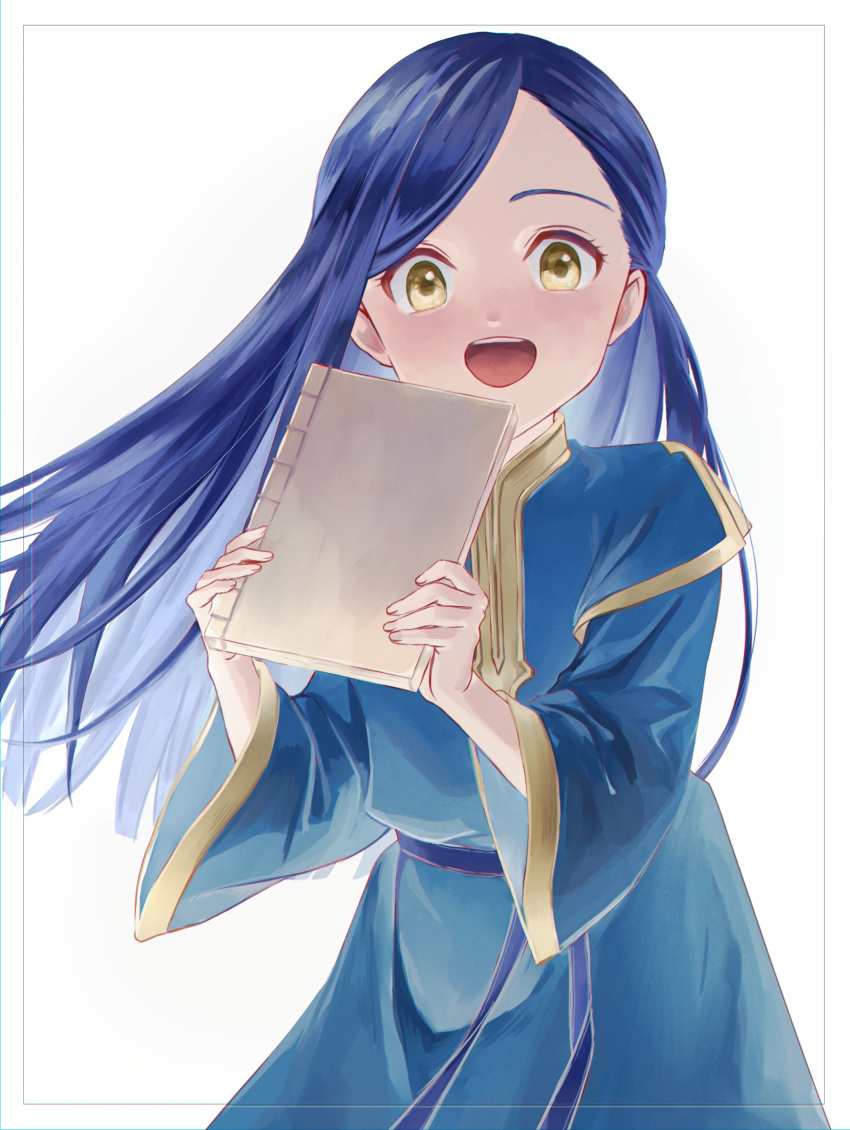 :d ado002 blue_dress blue_hair blush commentary_request dress female floating_hair highres holding honzuki_no_gekokujou long_hair long_sleeves looking_at_viewer myne_(honzuki_no_gekokujou) parted_bangs simple_background smile solo standing white_background yellow_eyes