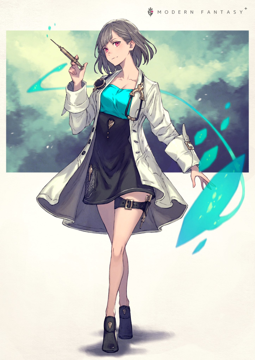 belt blush breasts closed_mouth coat collarbone commentary_request doctor english_text female full_body gradient_hair grey_hair highres holding holding_needle holding_syringe kusano_shinta lab_coat light_smile long_sleeves looking_at_viewer multicolored_hair needle open_clothes open_coat original red_eyes shoes short_hair simple_background sleeve_cuffs smile solo squirting_liquid standing stethoscope symbol syringe