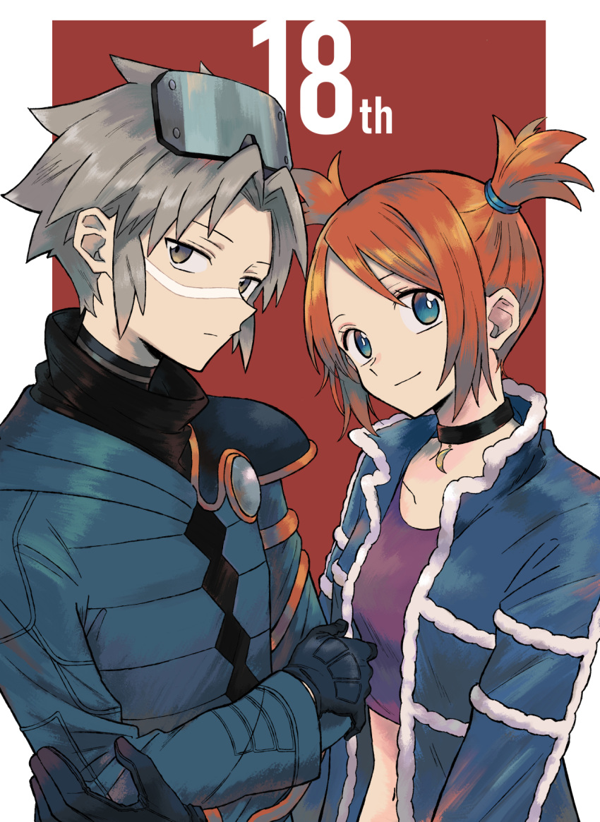 1boy anniversary black_choker black_gloves blue_coat blue_eyes blue_jacket brown_eyes brown_hair choker closed_mouth coat collarbone commentary_request crop_top eyelashes female gloves highres ittumozzz jacket navel open_clothes open_jacket orange_hair pokemon pokemon_colosseum purple_shirt rui_(pokemon) shirt short_hair single_shoulder_pad smile two_side_up upper_body wes_(pokemon)