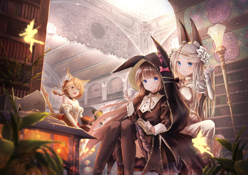 3girls absurdres animal_ear_fluff animal_ears april_(pride_of_eden) bad_id bad_pixiv_id bare_shoulders bell black_legwear black_shirt blonde_hair blue_eyes blue_skirt book bookshelf braid braided_bangs brown_hair cape cat_ears cat_girl cat_tail choker cloak collar commentary_request cup daidai_(daidai826) dress elbow_gloves fairy fangs flower fox_ears fox_girl francesca_(pride_of_eden) gloves hair_between_eyes hair_flower hair_ornament highres holding holding_book holding_cup holding_own_hair hood hooded_cloak indoors library light_particles long_hair long_sleeves looking_at_viewer multiple_girls neck_bell olivia_(pride_of_eden) open_mouth red:_pride_of_eden shirt sidelocks single_braid sitting skirt smile tail thighhighs white_cape white_dress white_hair yellow_eyes