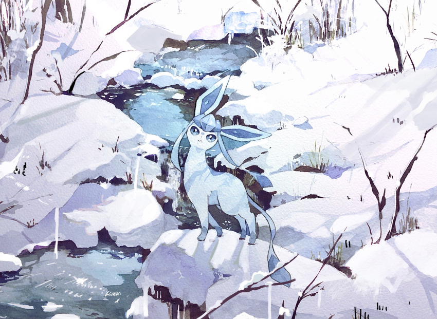 blue_eyes branch commentary_request glaceon grass highres kamonabe_(kamonabeekon) looking_at_viewer nature no_humans outdoors pokemon pokemon_(creature) snow solo standing stream water