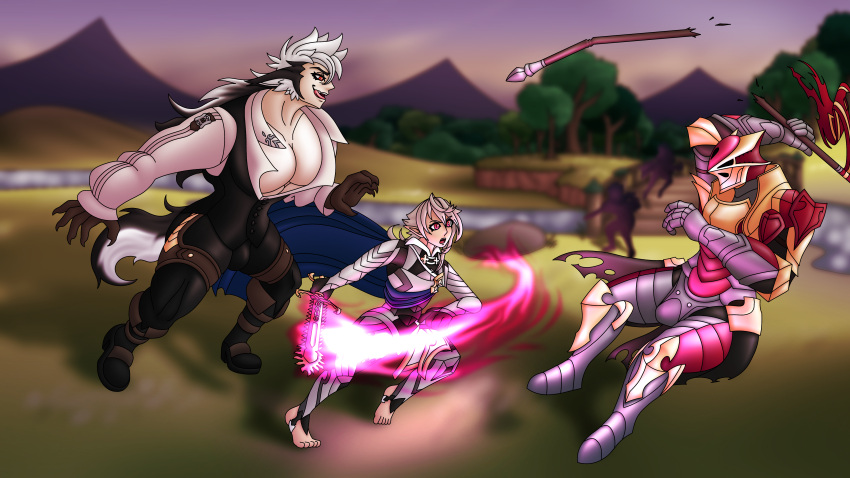 16:9 absurd_res ahegarou angry animal_humanoid armor barefoot battle big_pecs black_hair broken_weapon canid canid_humanoid canine canine_humanoid colored_fire corrin_(fire_emblem) corrin_(fire_emblem)_(male) duo feet femboy fighting_pose fire fire_emblem fire_emblem_fates fire_emblem_heroes fluffy fluffy_ears fluffy_tail hair hi_res human humanoid keaton_(fire_emblem) licking licking_lips long_hair male male/male mammal mammal_humanoid melee_weapon muscular nintendo pecs pink_fire pose size_difference smug sword tail tongue tongue_out weapon white_hair widescreen wolf_humanoid wolfskin yelling