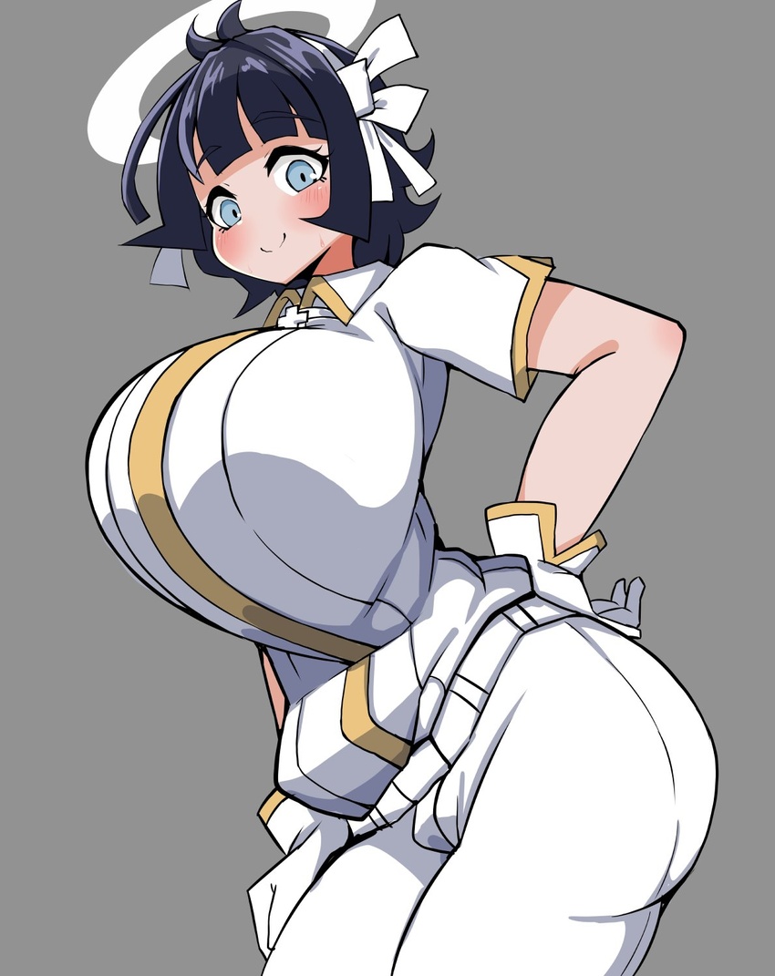 alternate_breast_size angel azazel_(helltaker) black_hair blue_eyes blush breasts commentary detritus female gloves grey_background hair_ribbon halo helltaker highres huge_breasts medium_hair nervous_smile pants ribbon shirt short_hair short_sleeves simple_background smile solo sweat sweatdrop white_gloves white_pants white_ribbon white_shirt