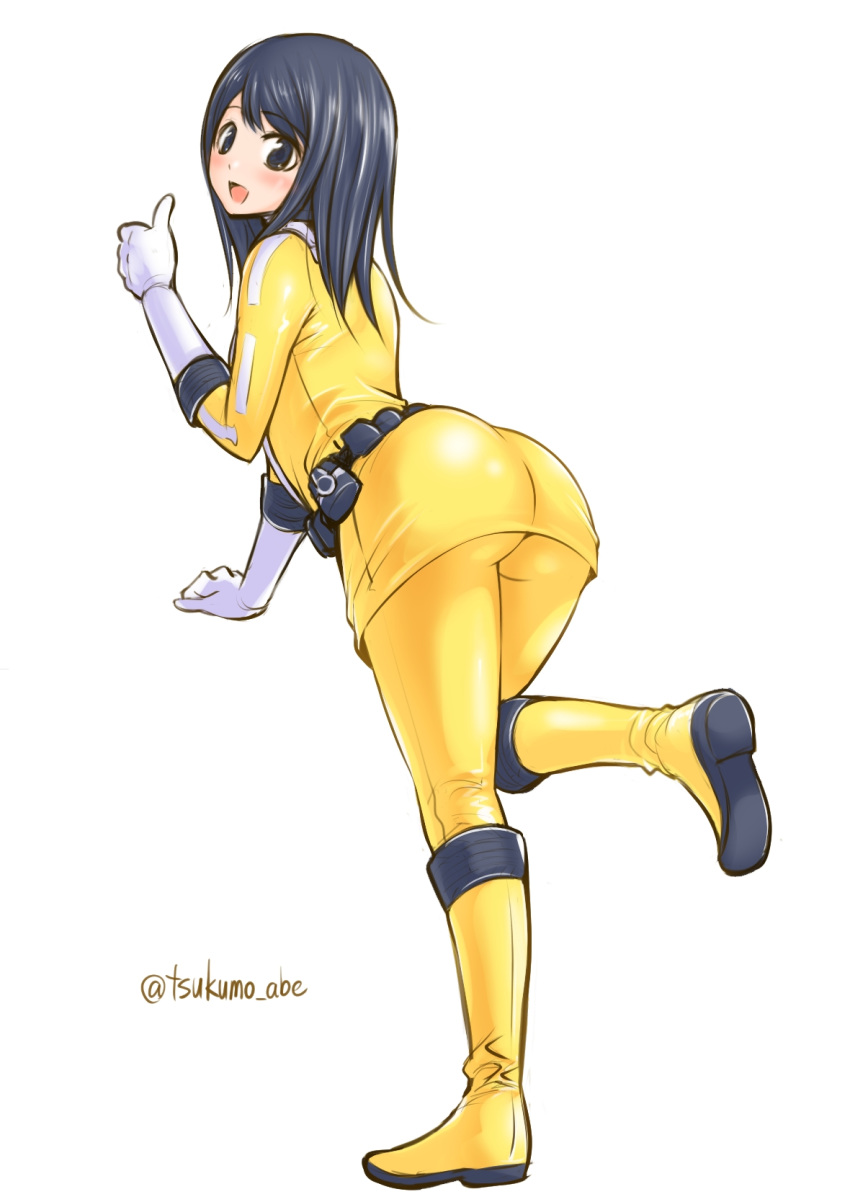 abe_tsukumo animification ass bodysuit breasts engine_sentai_go-onger female gloves go-on_yellow highres long_hair looking_at_viewer no_headwear open_mouth rouyama_saki simple_background smile solo super_sentai thumbs_up white_background yellow_bodysuit