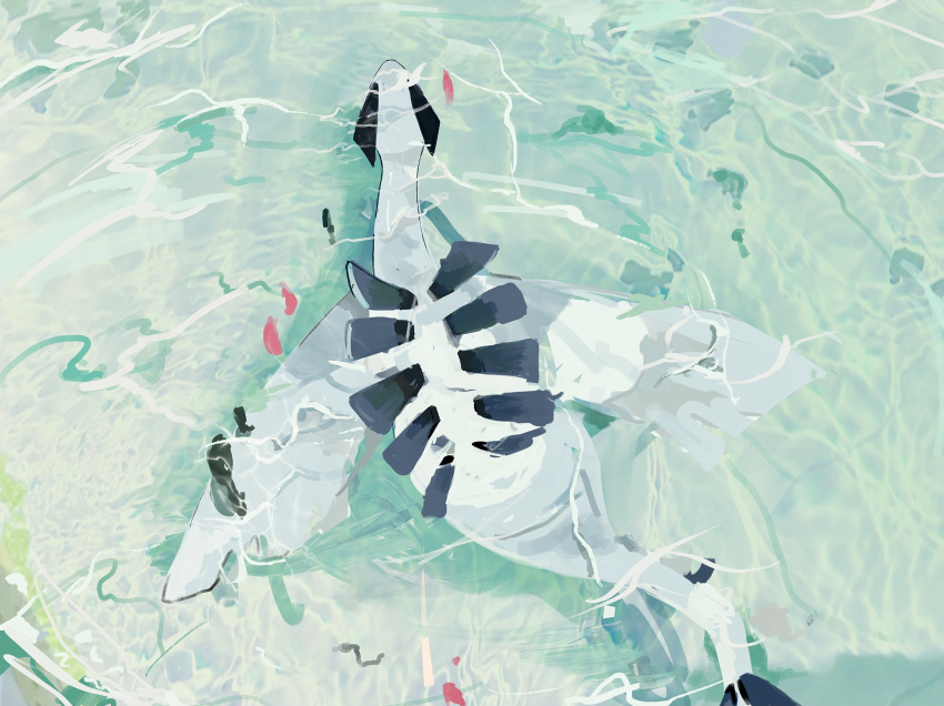 absurdres commentary_request day from_above highres kamonabe_(kamonabeekon) lugia no_humans outdoors painting_(medium) petals pokemon pokemon_(creature) solo swimming traditional_media water watercolor_(medium)