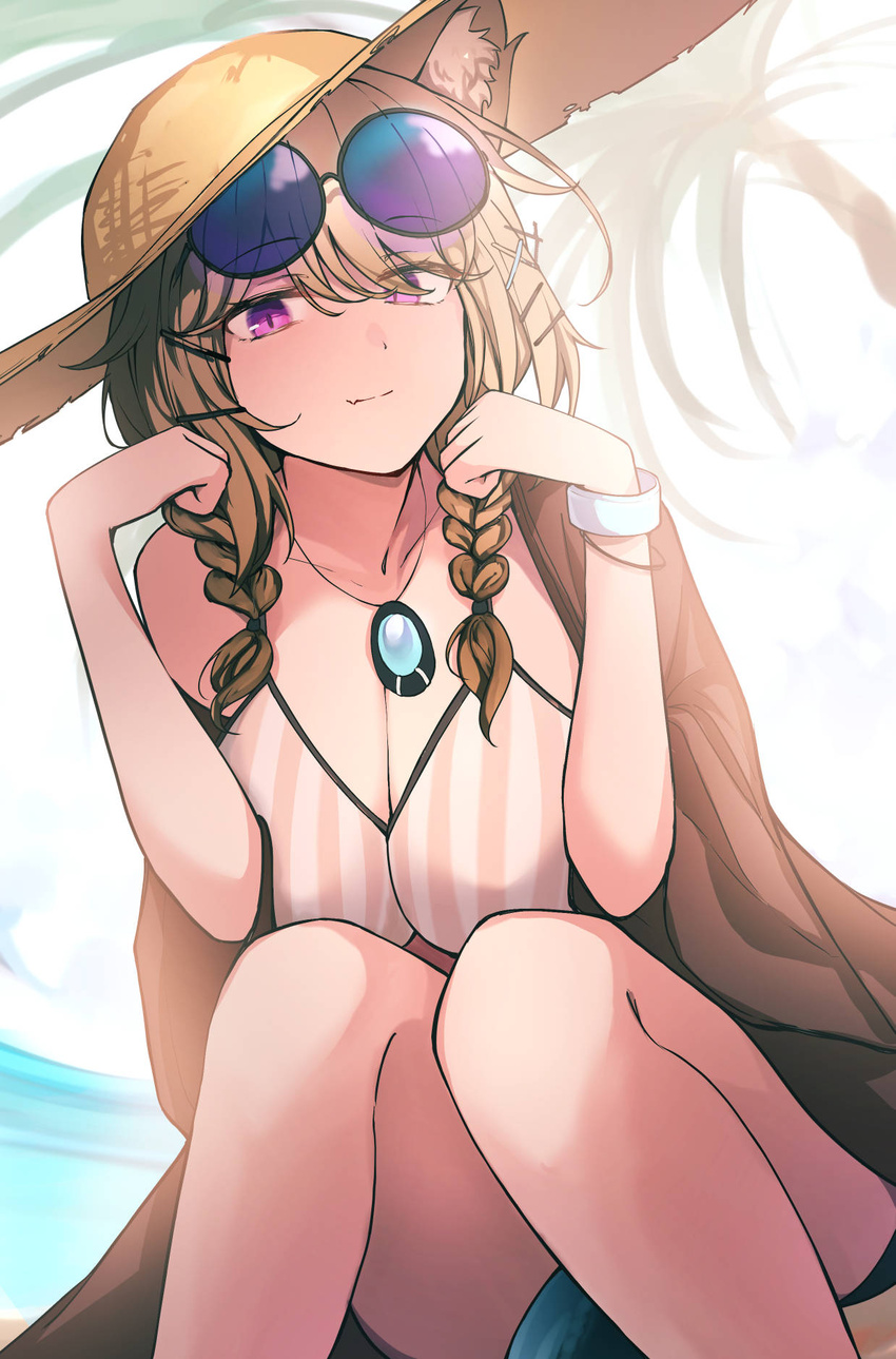 animal_ear_fluff animal_ears arknights backlighting bikini bracelet braid breasts brown_hair cat_ears cleavage commentary eyewear_on_head female hair_ornament hairclip hat highres jewelry kiyakyuu knees_up large_breasts looking_at_viewer necklace ocean oerba_yun_fang official_alternate_costume outdoors purple-tinted_eyewear purple_eyes skin_fang sky smile solo straw_hat striped_bikini striped_clothes sunglasses swimsuit tinted_eyewear twin_braids utage_(arknights) utage_(summer_flowers)_(arknights) vertical-striped_bikini vertical-striped_clothes white_sky x_hair_ornament