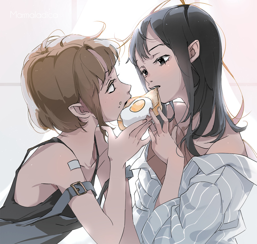 2girls artist_name bandaid bare_arms bare_shoulders black_eyes black_hair black_tank_top bread bread_slice brown_hair commentary egg_(food) eye_contact food food_in_mouth food_on_face freckles fried_egg fried_egg_on_toast from_side long_hair looking_at_another marmaladica messy_hair mouth_hold multiple_girls original overalls pajamas shared_food short_hair striped tank_top toast toast_in_mouth upper_body vertical_stripes yuri