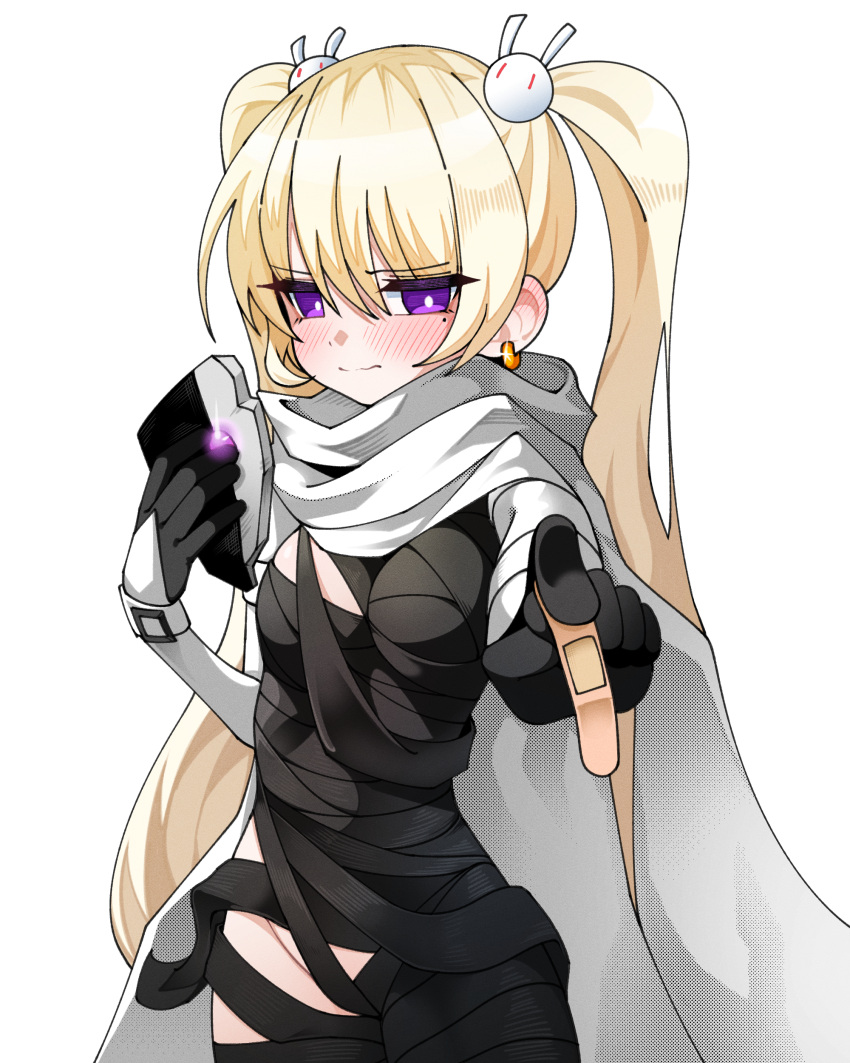 absurdres bandages black_bandages black_gloves blonde_hair blush breasts bright_pupils cloak cowboy_shot earrings female glint gloves hair_between_eyes hair_ornament hand_up highres jewelry korean_commentary legs_together long_hair maplestory medium_breasts mole mole_under_eye orchid_(maplestory) outstretched_arm purple_eyes rabbit_hair_ornament sammi_(pixiv7331939) simple_background solo split_mouth standing twintails very_long_hair wavy_mouth white_background white_cloak white_pupils