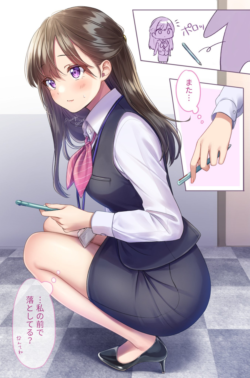 amagi_shino artist_name blush brown_hair commentary_request eyelashes female half_updo high_heels highres long_hair long_sleeves office_lady original pencil purple_eyes shirt shoes signature skirt smile solo translation_request white_shirt