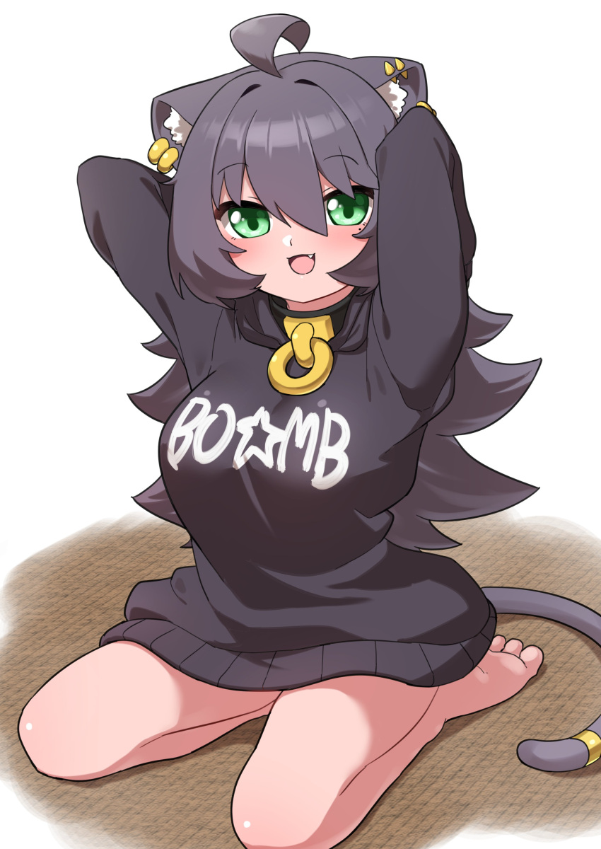 :d absurdres ahoge animal_ear_fluff animal_ears arms_behind_head bad_id bad_twitter_id bag bare_legs barefoot black_hair black_hoodie cat_ears cat_girl cat_tail clothes_writing collar commentary_request ear_piercing female green_eyes hair_between_eyes highres hood hoodie long_hair long_sleeves looking_at_viewer mole mole_under_eye ngetyan no_pants oerba_yun_fang original piercing ringe_(ngetyan) seiza simple_background sitting smile solo tail tail_ornament tail_ring white_background