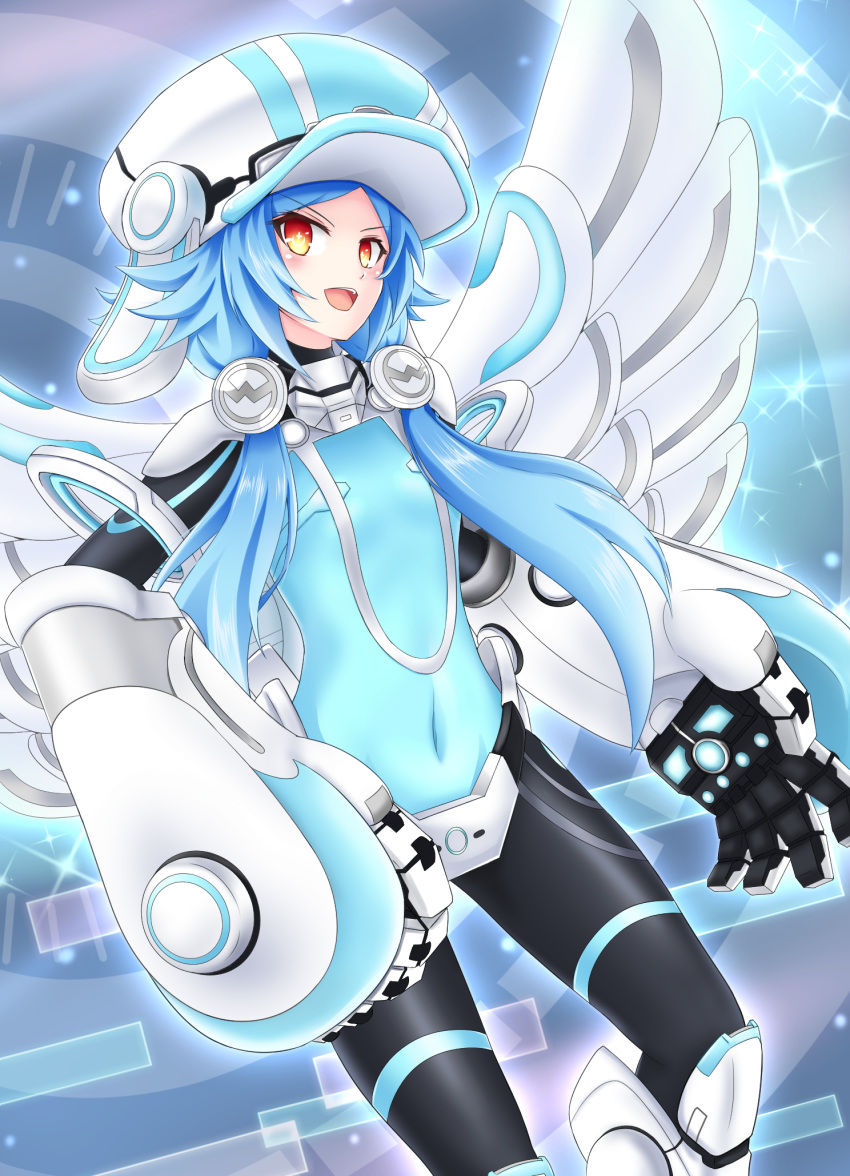 :d blue_hair blush bodysuit breasts covered_navel female gauntlets hat highres neptune_(series) next_white open_mouth power_symbol power_symbol-shaped_pupils red_eyes seshiro_(which501) shin_jigen_game_neptune_vii skin_tight small_breasts smile solo symbol-shaped_pupils teeth upper_teeth_only white_heart_(neptunia) wings