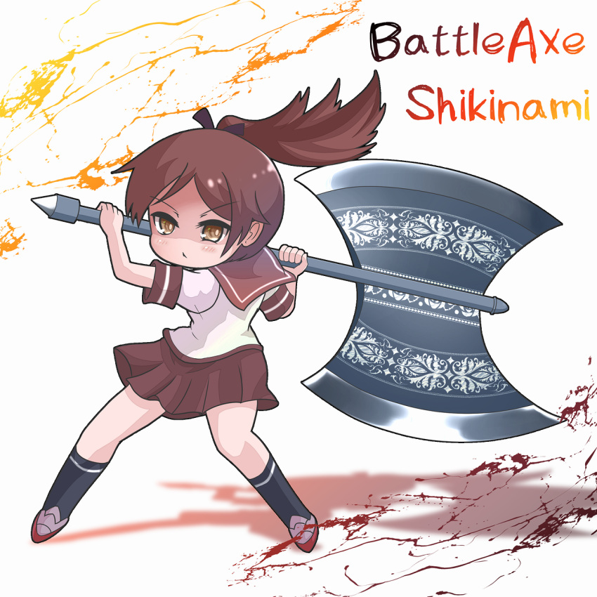 axe beet_the_vandel_buster brown_eyes brown_hair brown_sailor_collar brown_skirt character_name commentary_request female full_body highres huge_weapon kantai_collection luci_ole miniskirt pleated_skirt ponytail sailor_collar school_uniform serafuku shikinami_(kancolle) skirt solo weapon