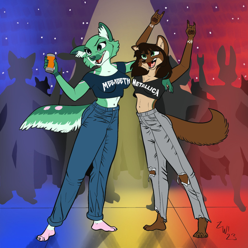 1:1 alcohol anthro beer beverage beverage_can black_hair bottomwear brown_body brown_fur brown_pawpads canid canine canis cheek_tuft clothing concert crop_top crowd denim denim_bottomwear denim_clothing devil_horns_(gesture) duo_focus facial_tuft fangs female fur gesture green_body green_fur group hair half-closed_eyes hand_gesture hi_res jeans mammal megadeth metallica midriff narrowed_eyes open_mouth open_smile pants pawpads paws pink_body pink_fur shirt smile teeth topwear tuft white_body white_fur wolf zephyriwolf