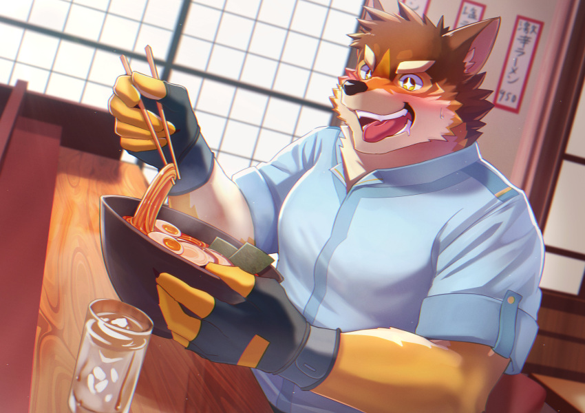 absurd_res anthro barrel_(live_a_hero) blush canid canine canis chopsticks clothing countershading detailed_background eating fingerless_gloves food gloves handwear hi_res kemono lifewonders live_a_hero male mammal manadezimon noodles ramen solo wolf