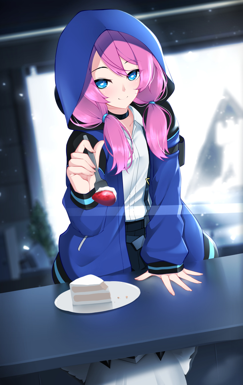 2girls absurdres animal_ears arknights blue_eyes blue_hoodie blue_jacket blue_poison_(arknights) blue_poison_(elite_ii)_(arknights) blurry blurry_background blush cake choker collared_shirt depth_of_field desk feeding food fork fruit highres holding hood hoodie horizontal_pupils indoors jacket long_hair looking_at_viewer multiple_girls pink_hair ptilopsis_(arknights) rhodes_island_logo_(arknights) shirt smug strawberry swept_bangs under_the_table under_the_table_(arknights) z.taiga