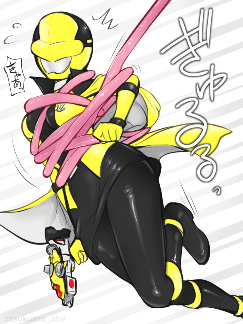 abe_tsukumo animification bodysuit breasts cape female gloves gun hayami_umika helmet highres kaitou_sentai_lupinranger_vs._keisatsu_sentai_patranger lupinyellow pantyhose skirt solo super_sentai tokusatsu weapon