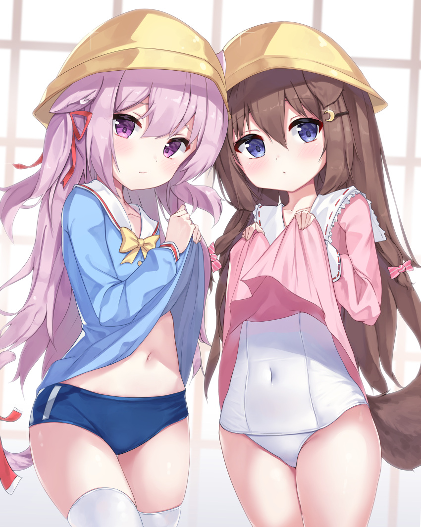 2drr 2girls absurdres animal_ear_fluff animal_ears azur_lane bad_source blue_buruma blue_eyes blue_shirt brown_hair buruma candy_hair_ornament cat_ears cat_tail clothes_lift commission commissioner_upload covered_navel crescent crescent_hair_ornament dog_ears dog_tail food-themed_hair_ornament fumizuki_(azur_lane) gym_uniform hair_ornament hairclip hat highres kisaragi_(azur_lane) lifting_own_clothes long_hair looking_at_viewer multiple_girls navel no_pants old_school_swimsuit one-piece_swimsuit pink_eyes pink_hair pink_shirt pink_tail pixiv_commission ribbon school_hat school_swimsuit school_uniform serafuku shirt shirt_lift side_ponytail swimsuit swimsuit_under_clothes tail tail_ornament tail_ribbon teenage thighhighs thighs white_one-piece_swimsuit white_thighhighs yellow_headwear