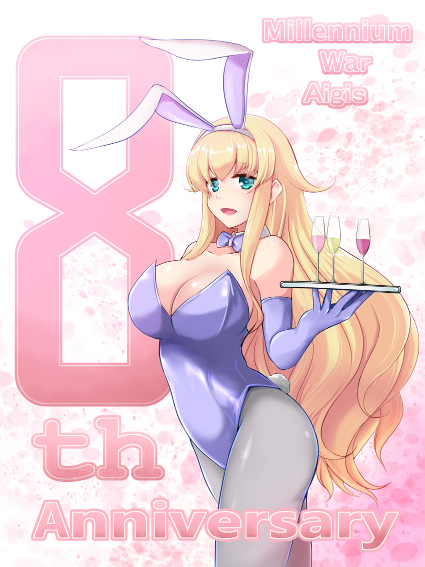 animal_ears anniversary blonde_hair bow bowtie breasts camilla_(sennen_sensou_aigis) chinabreckenridge commentary_request cup detached_collar drinking_glass female gloves grey_pantyhose highres large_breasts leotard long_hair pantyhose playboy_bunny purple_bow purple_bowtie purple_gloves purple_leotard rabbit_ears rabbit_tail sennen_sensou_aigis solo tail wine_glass