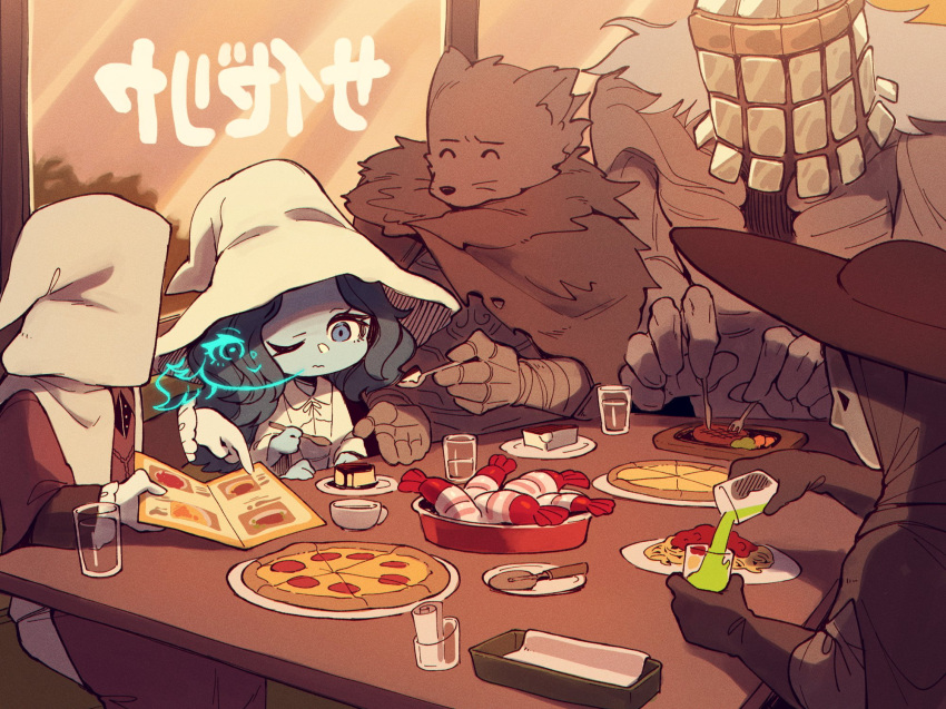 1other 3boys astrologer_(elden_ring) blaidd_the_half-wolf blue_eyes blue_skin colored_skin commentary custard elden_ring extra_faces female food fork furry furry_male gauntlets glass hat highres holding holding_fork holding_knife holding_spoon hood hood_up indoors knife large_hat multiple_boys one_eye_closed pasta pizza pouring preceptor_seluvis pudding ranni_the_witch restaurant saizeriya shrimp sitting spaghetti spoon steak table tarnished_(elden_ring) translated war_counselor_iji window witch_hat zombiemiso