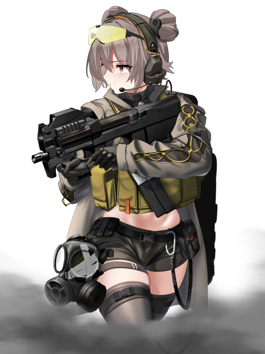 absurdres arena_breakout black_gloves black_thighhighs blush brown_hair brown_jacket bullpup carabiner closed_mouth commentary_request commission double_bun ear_protection eyewear_on_head female gas_mask girls'_frontline gloves gun hair_bun highres holding holding_gun holding_weapon jacket load_bearing_vest looking_to_the_side mask microphone midriff military official_alternate_costume p90 p90_(girls'_frontline) pixiv_commission pouch red_eyes rynn_(rynn_cube) short_hair short_shorts shorts simple_background skindentation smile smoke solo submachine_gun tactical_clothes thighhighs tinted_eyewear trigger_discipline weapon white_background yellow-tinted_eyewear