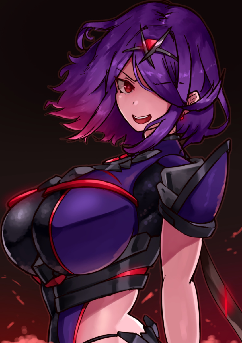 absurdres alternate_color breasts dark_persona earrings female highres jewelry large_breasts purple_hair pyra_(xenoblade) red_eyes short_hair smile solo swept_bangs tiara upper_body xenoblade_chronicles_(series) xenoblade_chronicles_2 yotsuha_uni