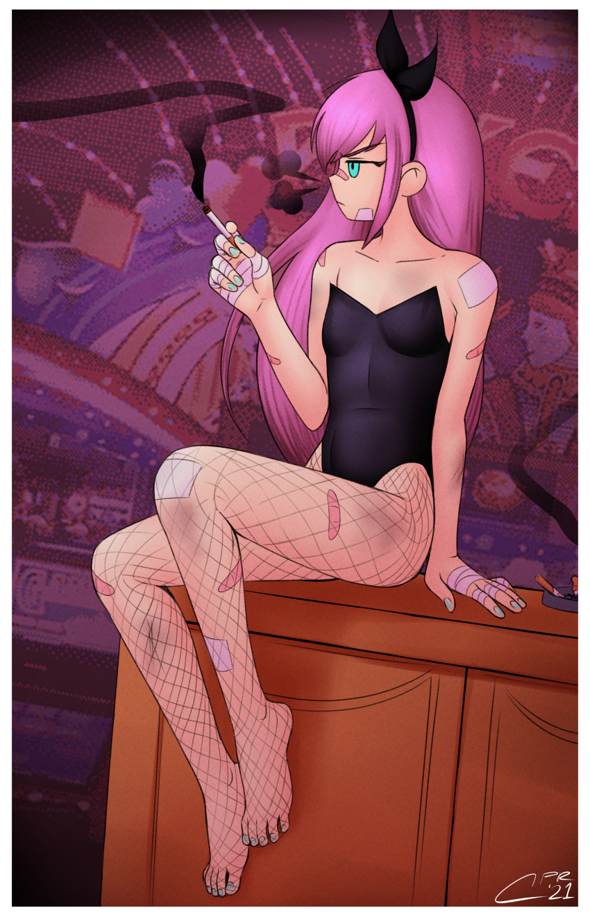 absurdres alternate_costume aqua_eyes aqua_nails arm_support aubrey_(faraway)_(omori) aubrey_(omori) bandaged_hand bandages bandaid bandaid_on_arm bandaid_on_face bandaid_on_leg bandaid_on_nose bandaid_on_shoulder bandaid_on_thigh bare_arms bare_shoulders black_hairband black_leotard bow_hairband breasts cabronpr cigarette closed_mouth collarbone commentary counter english_commentary female fishnet_pantyhose fishnets frown full_body hairband highres holding holding_cigarette leotard long_hair looking_to_the_side nail_polish no_shoes omocat_(style) omori pantyhose pink_hair profile sitting small_breasts smoke solo strapless strapless_leotard toenail_polish toenails toes v-shaped_eyebrows vignetting