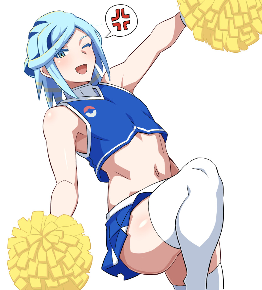 1boy ;d anger_vein blue_hair blue_shirt blue_skirt cheerleader commentary_request crossdressing false_smile grusha_(pokemon) highres holding holding_pom_poms knees leg_up male_focus mantan medium_hair midriff navel one_eye_closed open_mouth pokemon pokemon_sv pom_pom_(cheerleading) shirt simple_background skirt sleeveless sleeveless_shirt smile solo spoken_anger_vein thighhighs white_background white_thighhighs