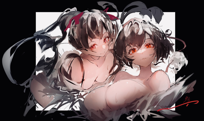 2girls breasts brown_hair cleavage dated hair_ribbon hat highres himekaidou_hatate large_breasts long_hair medium_hair multiple_girls po_(anhk5528) red_eyes ribbon shameimaru_aya small_breasts tokin_hat touhou twintails