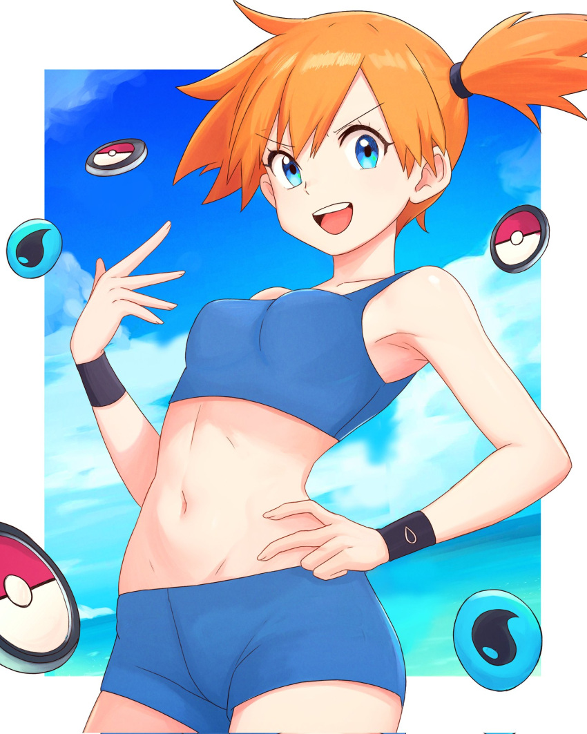 :d black_wristband blue_eyes blue_shorts blue_sports_bra border breasts cloud commentary day eyelashes female hand_on_own_hip hand_up happy highres kasumi_(pokemon) looking_at_viewer midriff navel open_mouth orange_hair poke_ball_print pokemon pokemon_frlg pokemon_tcg pokemon_tcg_pocket shorts side_ponytail sky smile solo sports_bra teeth tongue truejekart upper_teeth_only white_border