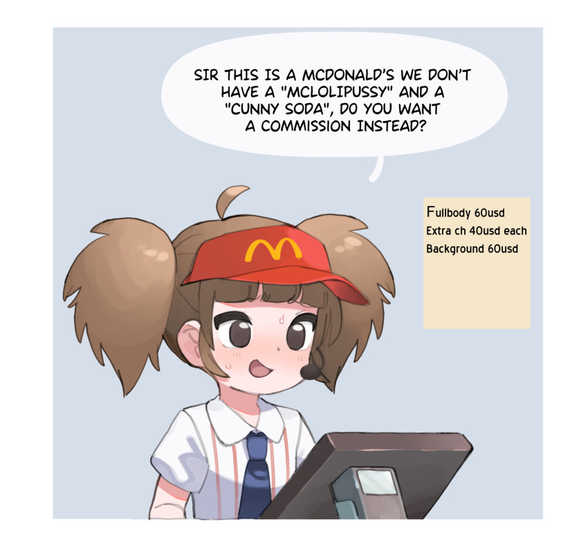 ahoge border brown_eyes brown_hair commentary english_text female highres imadake_dabuchi_tabemi logo mcdonald's necktie nervous_smile open_mouth shirt short_sleeves smile solo speech_bubble sweat touchscreen twintails upper_body visor_cap white_border white_shirt yokappa_(jokappa)