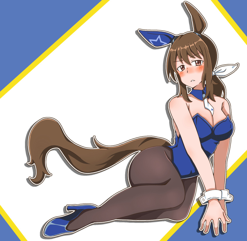 absurdres admire_vega_(umamusume) animal_ears black_pantyhose blue_footwear blue_leotard blush brown_hair cowboy_shot ear_covers female hair_between_eyes high_heels highres horse_ears horse_girl horse_tail leotard long_hair looking_at_viewer low_ponytail multicolored_background nontraditional_playboy_bunny nose_blush pantyhose purple_eyes single_ear_cover sitting solo tail umamusume yo0226 yokozuwari