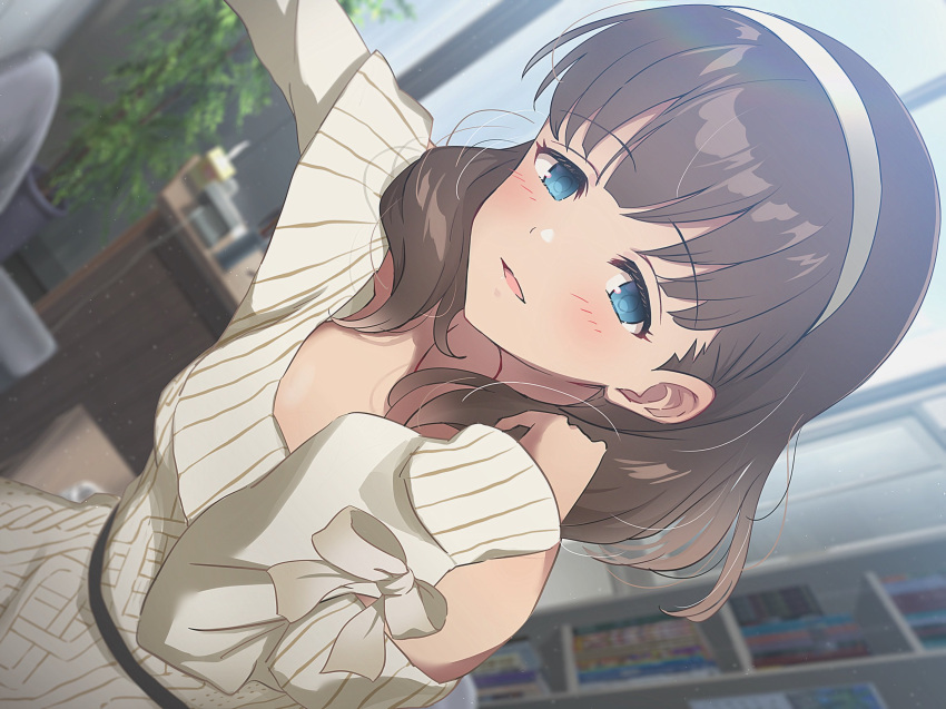 adjusting_hair bare_shoulders blue_eyes blush book bookshelf bow breasts brown_hair chair collarbone commentary_request cowboy_shot desk eyelashes female hairband hand_in_own_hair hands_up highres idolmaster idolmaster_cinderella_girls indoors light_smile long_sleeves looking_at_viewer looking_to_the_side medium_hair nanananananasea off-shoulder_sweater off_shoulder office parted_lips plant potted_plant sakuma_mayu sideways smile solo standing sweater table three_quarter_view white_hairband white_sweater window