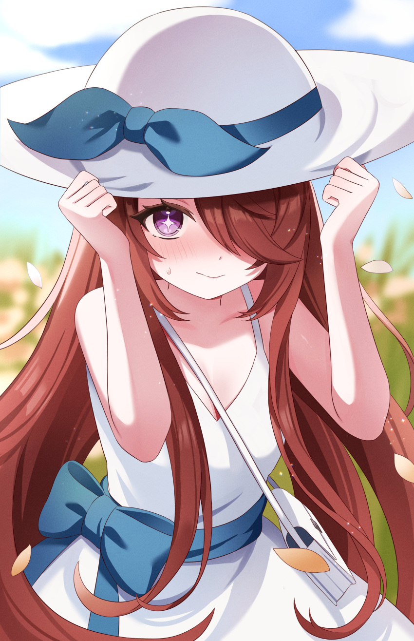 absurdres bag blue_bow blue_ribbon blush bow brown_hair closed_mouth cloud collarbone commission dress female hair_over_one_eye handbag hat hat_ribbon highres holding holding_hat holding_unworn_clothes indie_virtual_youtuber long_hair nina_saotome noraneco117 purple_eyes ribbon second-party_source sky solo sparkling_eyes sun_hat sundress sweat virtual_youtuber white_bag