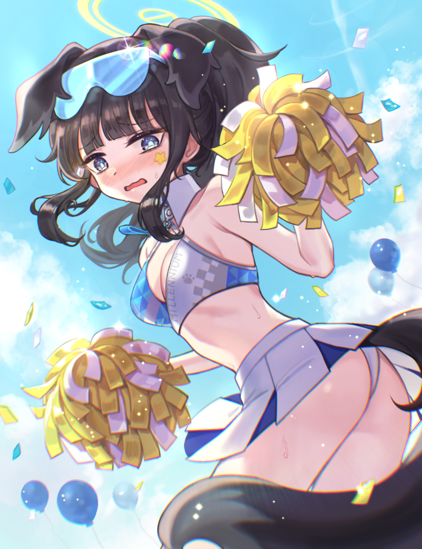 animal_ears balloon black_hair blue_archive blue_eyes blue_sky breasts cloud commentary_request dog_ears dog_tail eyewear_on_head facial_mark female halo hibiki_(blue_archive) hibiki_(cheer_squad)_(blue_archive) highres holding holding_pom_poms lee_jin_byeol looking_at_viewer panties pantyshot partial_commentary pom_pom_(cheerleading) skirt sky solo star_(symbol) star_facial_mark tail underwear white_panties white_skirt yellow_halo