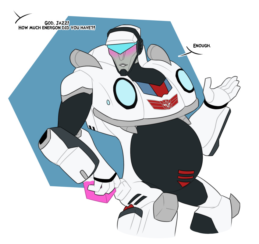 2021 5_fingers belly bent_arm bent_legs big_belly black_body bloated blush cybertronian dialogue digital_drawing_(artwork) digital_media_(artwork) energon english_description english_text fingers flat_colors hasbro hi_res holding_object humanoid jazz_(transformer) machine male male_humanoid metallic_body multicolored_body not_furry offscreen_character question question_mark robot robot_humanoid simple_background solo takara_tomy text theannoyingnpc transformers white_background white_body