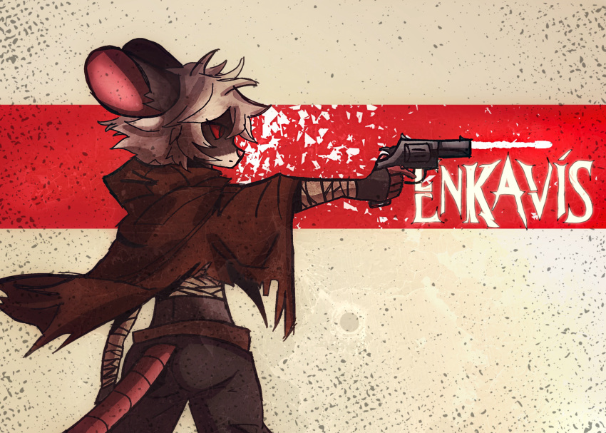 american_opossum anthro bandage bandaged_arm bandaged_chest black_bottomwear black_clothing black_shorts bottomwear cloak clothing enkavis_(ignota) female frown fur grey_body gun hair handgun hi_res holding_object holding_weapon humanoid hybrid ignota looking_aside mammal marsupial multicolored_body multicolored_fur murid murine name_drop ranged_weapon rat rat_tail rear_view red_eyes red_sclera revolver rodent shooting shorts solo tail tan_body tan_fur text weapon white_hair