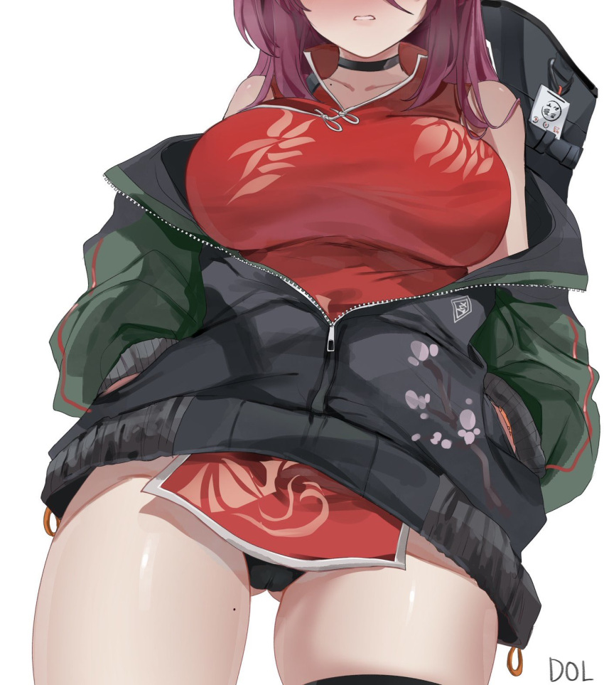 ass_visible_through_thighs belt blue_archive china_dress chinese_clothes collarbone dolechan dress female hands_in_pockets head_out_of_frame highres jacket letterman_jacket mole mole_on_collarbone mole_on_thigh partially_unzipped pelvic_curtain red_dress red_hair reijo_(blue_archive) solo thigh_belt thigh_strap white_background