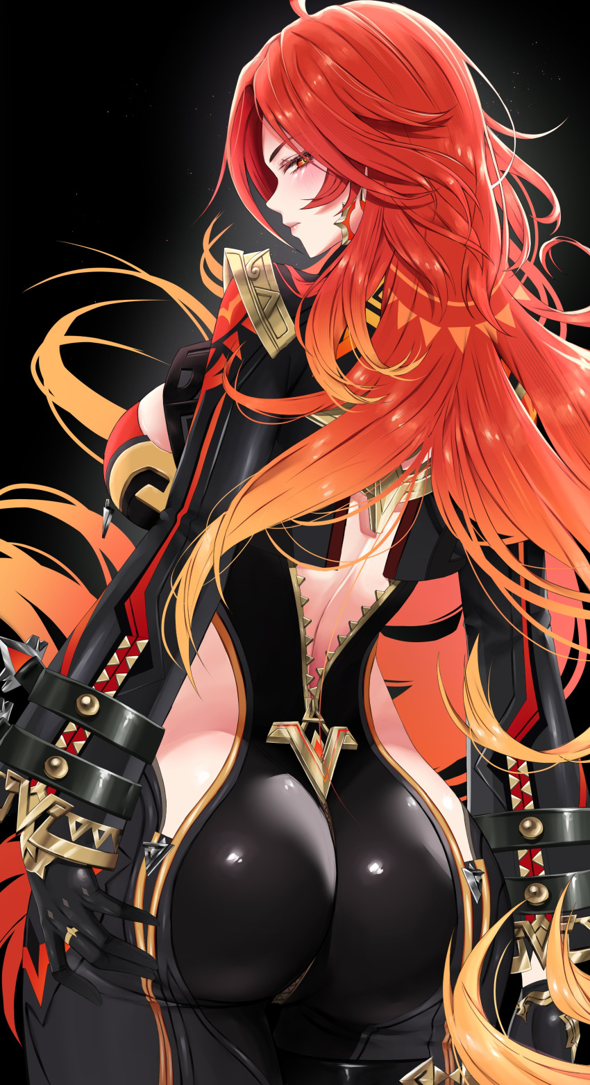 absurdres ahoge ass biker_clothes bikesuit black_bikesuit black_gloves bodysuit breasts earrings female genshin_impact gloves highres jewelry large_breasts long_hair long_sleeves looking_at_viewer looking_back mavuika_(genshin_impact) multicolored_hair orange_eyes orange_hair red_hair solo two-tone_hair very_long_hair vitaminechan