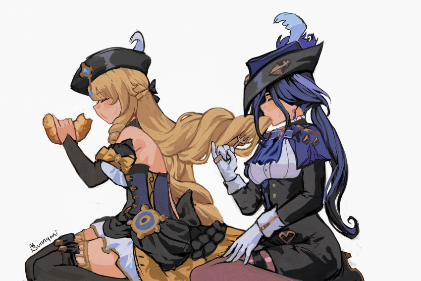 2girls ^_^ bare_shoulders black_hat blonde_hair blue_hair bunnyoki clorinde_(genshin_impact) closed_eyes croissant detached_sleeves dress drill_hair drill_sidelocks eating_hair food fork from_side genshin_impact gloves grey_background hat highres holding holding_food holding_fork long_sleeves multiple_girls navia_(genshin_impact) pantyhose profile shirt sidelocks simple_background sitting thigh_strap tricorne wariza white_gloves white_shirt