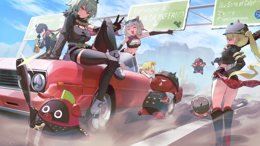 1boy 4girls absurdres ahoge bangboo_(zenless_zone_zero) baseball_bat black_dress black_gloves black_hair black_jacket black_thighhighs blonde_hair blue_sky boar boots burnice_white caesar_king_(zenless_zone_zero) car closed_mouth commentary_request crop_top cthlo dress elbow_gloves eyewear_on_head fur-trimmed_jacket fur_trim gloves green_hair grey_footwear helmet highres holding holding_baseball_bat jacket light_brown_hair lighter_(zenless_zone_zero) long_hair luciana_de_montefio mechanical_arms motor_vehicle mountainous_horizon multiple_girls navel on_car outdoors piper_wheel prosthesis prosthetic_arm red_car red_moccus_(zenless_zone_zero) red_scarf revision road road_sign scarf short_hair side_ponytail sign single_mechanical_arm sitting sky smile stomach sunglasses thighhighs thighs zenless_zone_zero