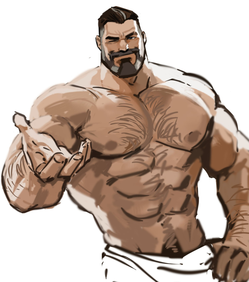 2022 arm_hair bara bare_pectorals bare_shoulders beard body_hair brimstone_(valorant) broad_shoulders brown_hair chest_hair connected_beard dopey_(dopq) facial_hair hand_on_own_hip highres moustache multicolored_hair muscular muscular_male nipples old old_man one_eye_closed pectorals reaching reaching_towards_viewer seductive_smile short_hair simple_background smile streaked_hair topless topless_male towel two-tone_beard two-tone_hair valorant