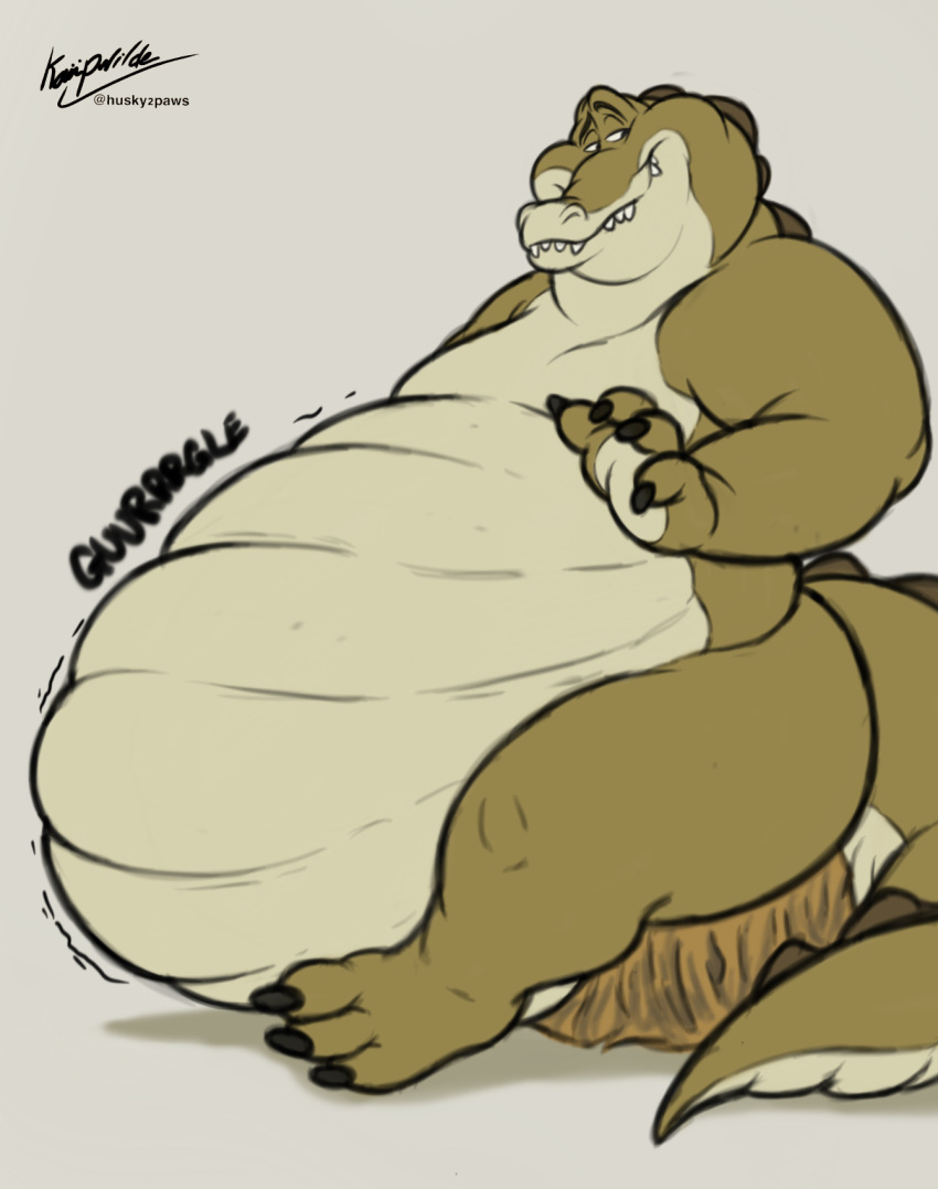 2023 alligator alligatorid anthro belly big_belly claws crocodilian disney fangs hi_res husky2paws looking_back louis_(tpatf) male morbidly_obese morbidly_obese_anthro morbidly_obese_male mouth_closed nude obese obese_anthro obese_male overweight overweight_anthro overweight_male reptile rumbling_stomach scales scalie side_view sitting sitting_on_stump smile smirk solo sound_effects suggestive teeth text the_princess_and_the_frog tree_stump