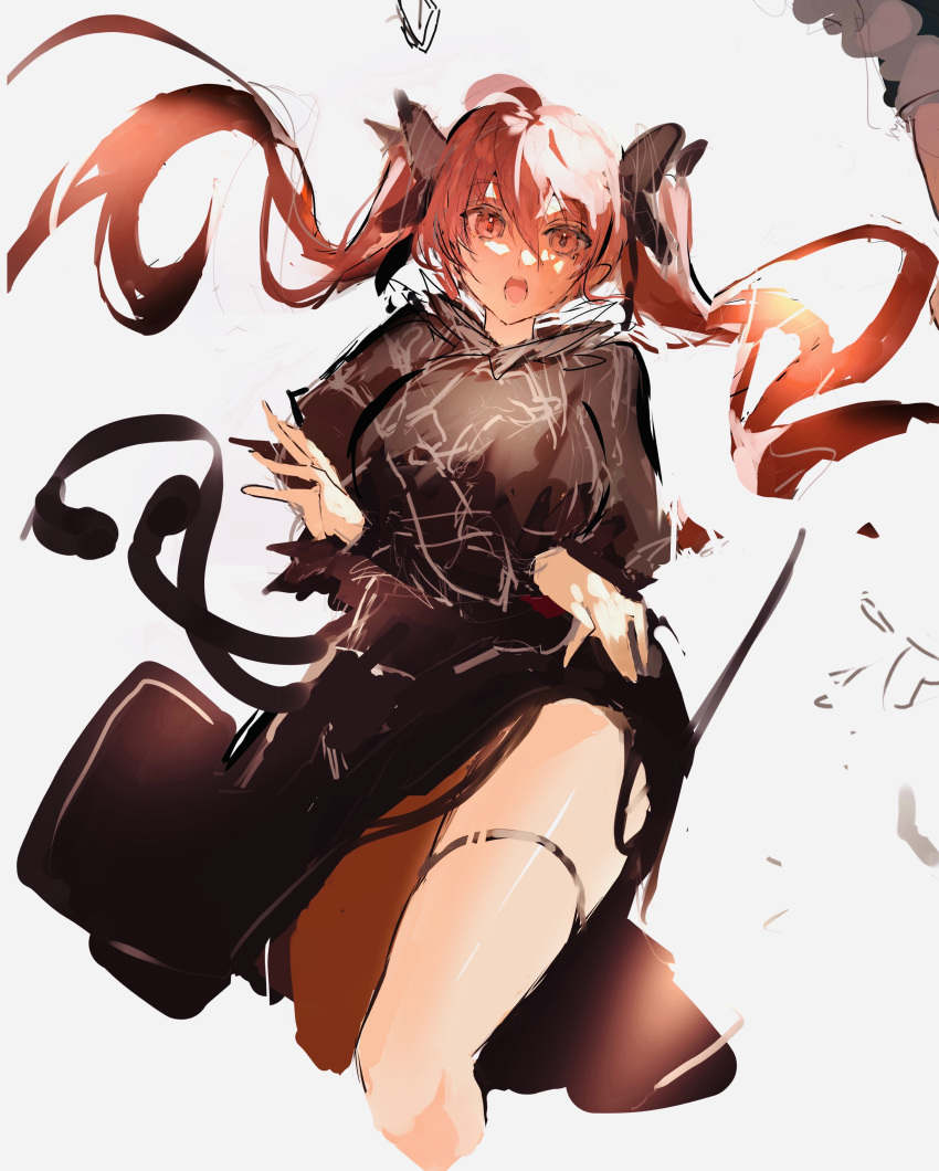 absurdres alternate_hairstyle black_dress breasts cat_tail dress female floating_hair grey_background highres kaenbyou_rin large_breasts multiple_tails open_mouth po_(anhk5528) red_hair simple_background solo tail thigh_strap touhou twintails two_tails