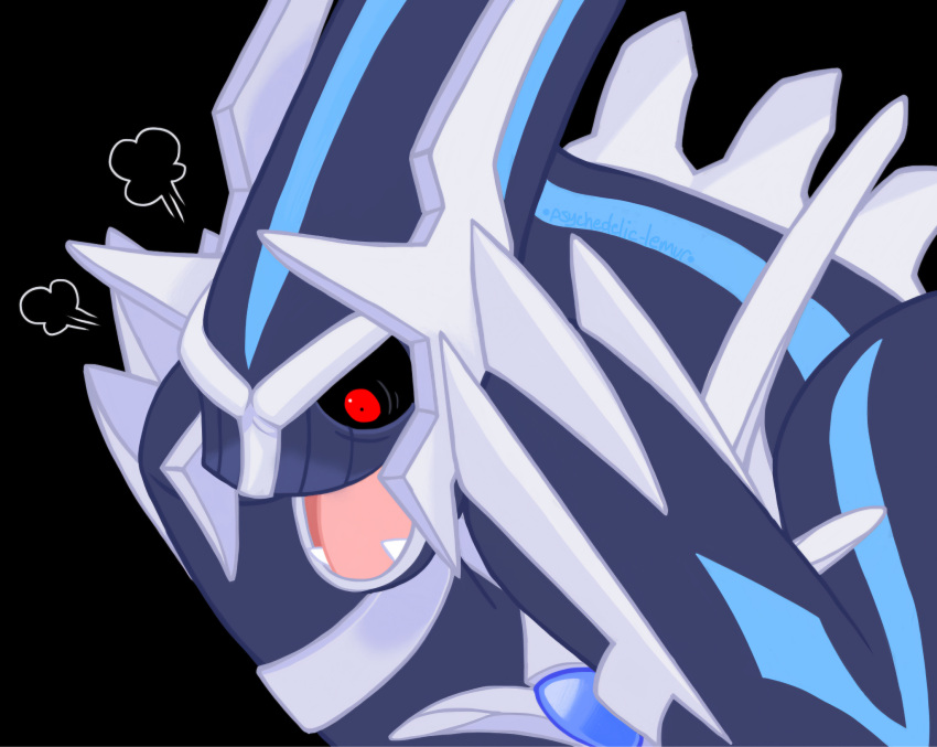 2024 ambiguous_gender artist_name black_background black_sclera blue_body chest_gem claws constricted_pupils dialga digital_drawing_(artwork) digital_media_(artwork) gem generation_4_pokemon grey_claws hand_on_head hi_res legendary_pokemon long_head nintendo open_mouth pink_tonngue pokemon pokemon_(species) psychedelic-lemur pupils reaction_image red_eyes screaming shocked simple_background small_pupils solo