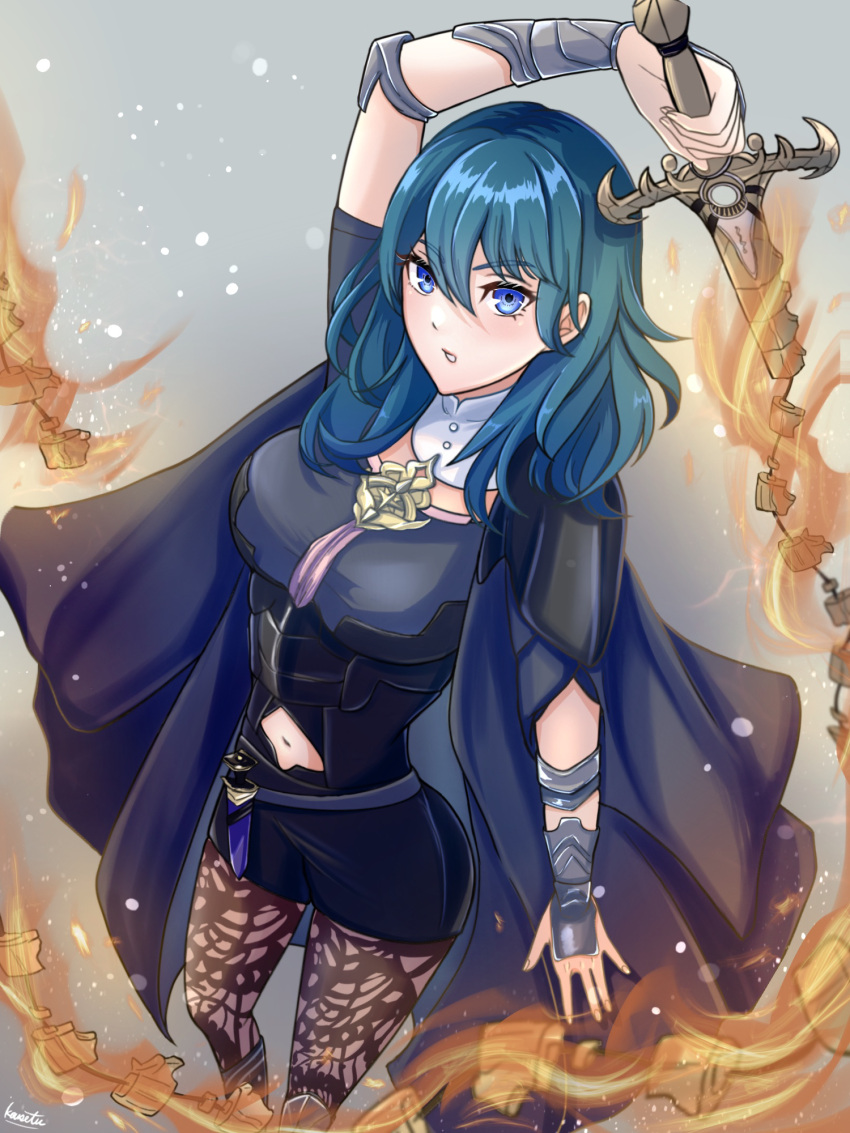 armor black_armor black_cape black_shorts blue_eyes blue_hair breasts brown_pantyhose byleth_(female)_(fire_emblem) byleth_(fire_emblem) cape commentary_request female fire_emblem fire_emblem:_three_houses flaming_sword flaming_weapon highres holding holding_sword holding_weapon kousetu0506 long_hair looking_at_viewer medium_breasts navel pantyhose shorts signature simple_background solo sword sword_of_the_creator weapon