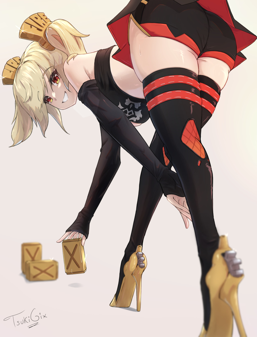 absurdres artist_name ass bent_over black_shorts black_skirt black_sleeves black_thighhighs black_tube_top blonde_hair burnice_white commentary crop_top detached_sleeves english_commentary female from_behind gixtsuki high_heels highres holding long_hair long_sleeves miniskirt red_eyes shoes short_shorts shorts shorts_under_skirt simple_background skirt sleeves_past_wrists smile solo strapless sweat teeth thighhighs tube_top twintails two-sided_fabric two-sided_skirt zenless_zone_zero