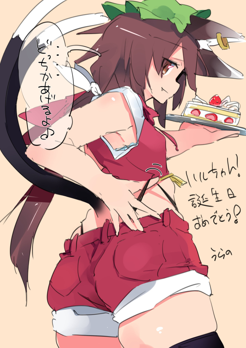 absurdres adapted_costume alternate_hair_length alternate_hairstyle animal_ears ass bare_arms black_thighhighs brown_eyes brown_hair cat_ears cat_tail chen crop_top female forked_tail from_behind g-string hat highres long_hair looking_at_viewer looking_back midriff mob_cap nekomata profile red_shorts short_shorts shorts skindentation solo tail thighhighs thong touhou urano_koedame very_long_hair